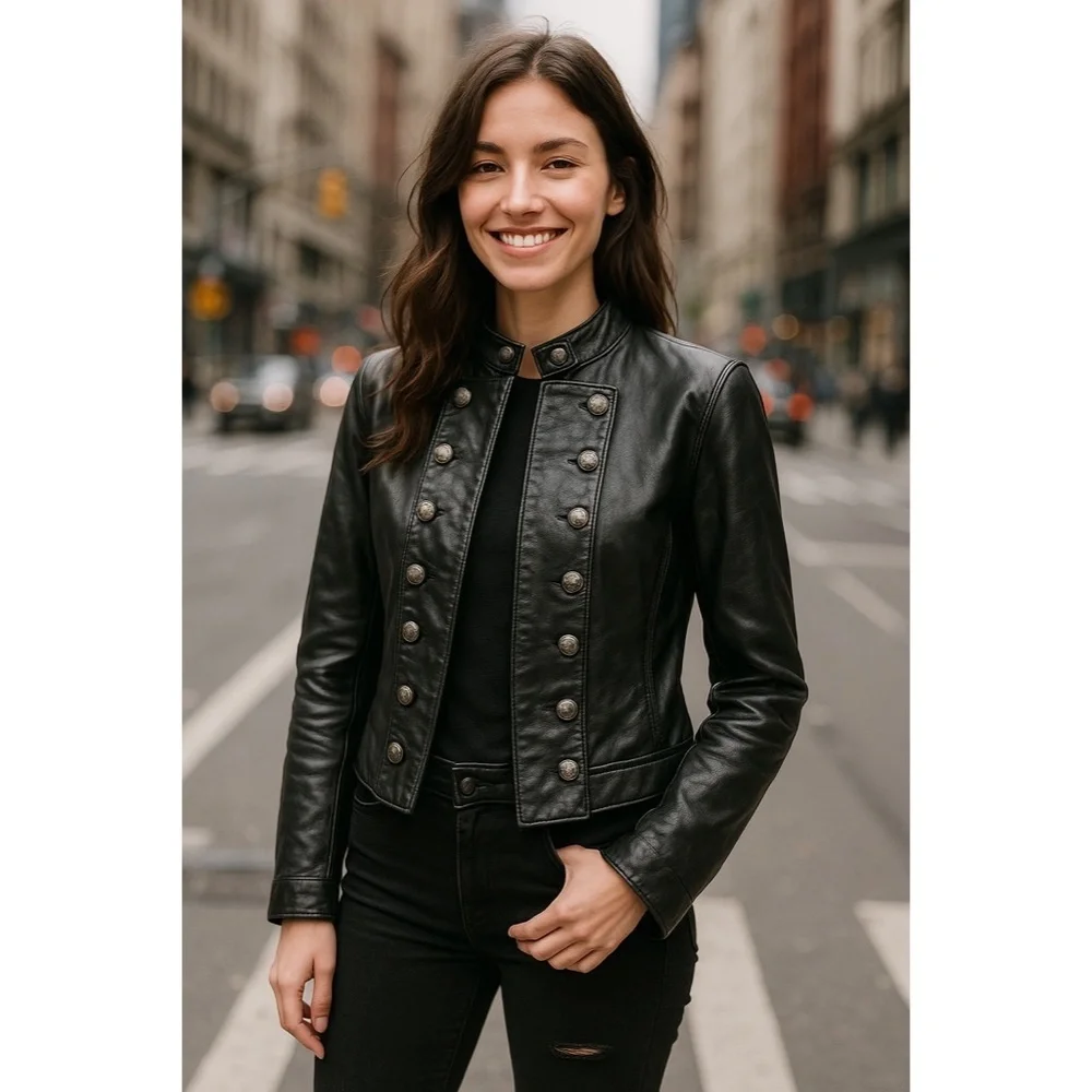 SHRINE OF HOLLYWOOD Faux Leather Jacket‎ Embossed Buttons Vegan Unisex Large